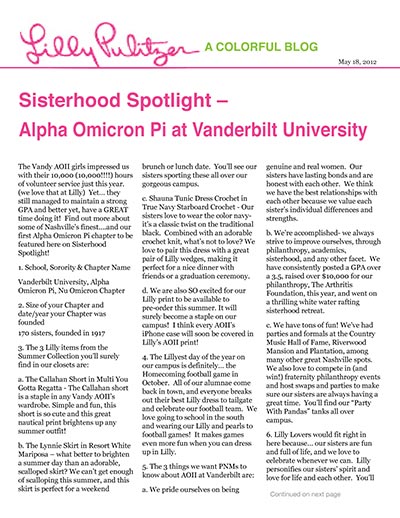 Sisterhood Spotlight  Alpha Omicron Pi at Vanderbilt University