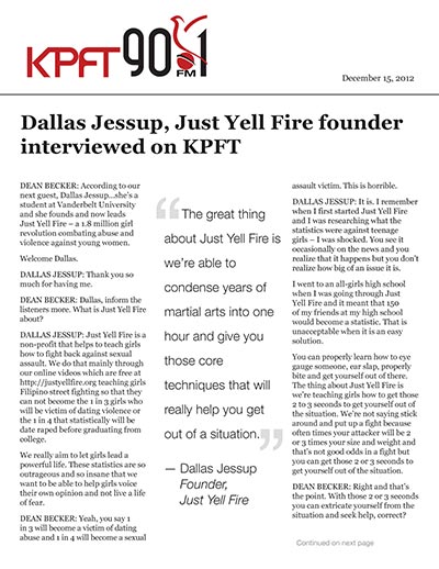 Dallas Jessup, Just Yell Fire founder interviewed on KPFT
