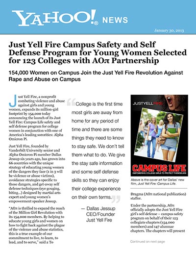 ust Yell Fire Campus Safety and Self Defense Program for Young Women Selected for 123 Colleges with AOπ Partnership