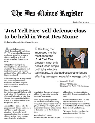 'Just Yell Fire' self-defense class to be held in West Des Moines